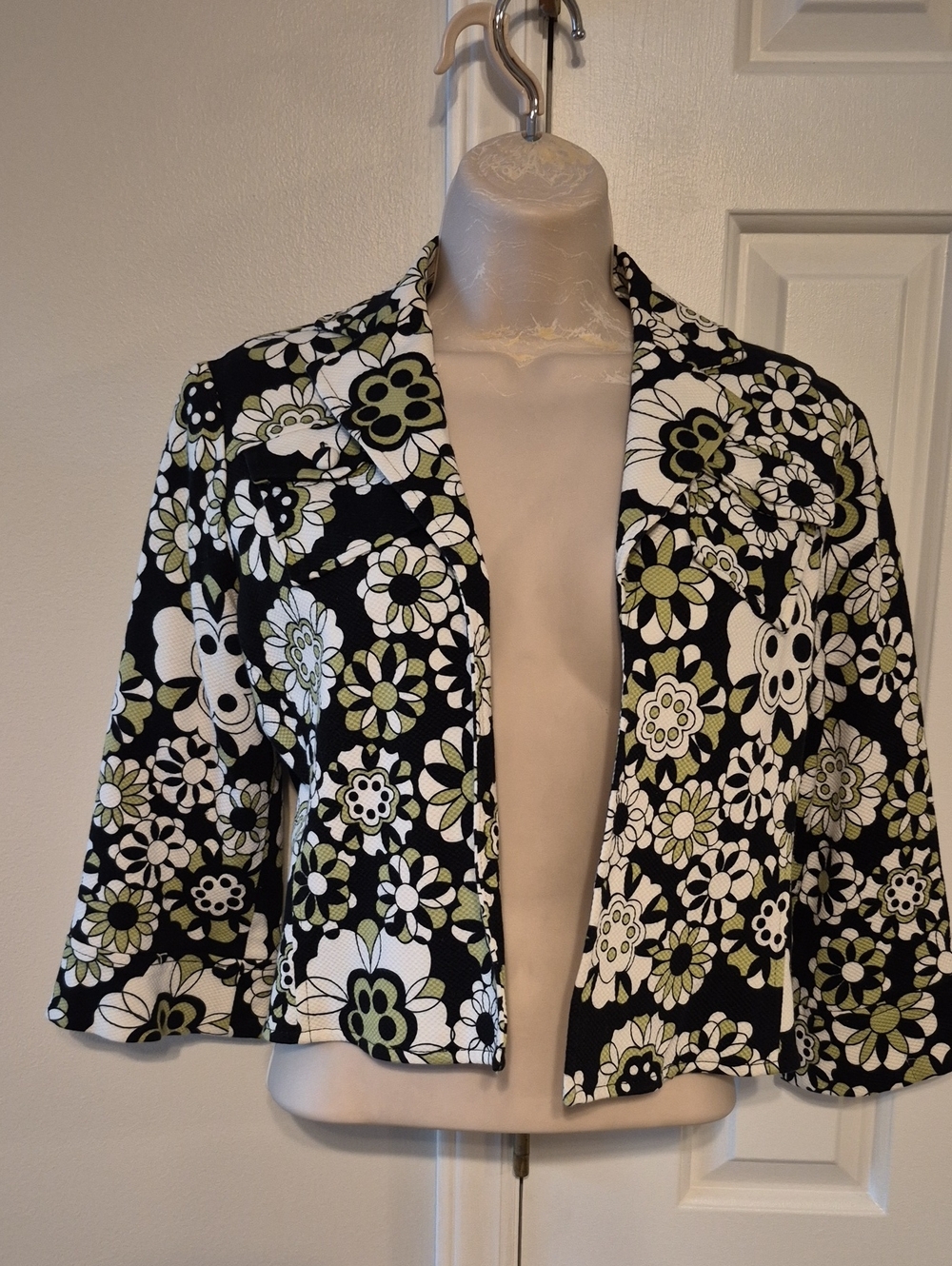 Bob Mackie Black White and Olive Floral Cropped Blazer